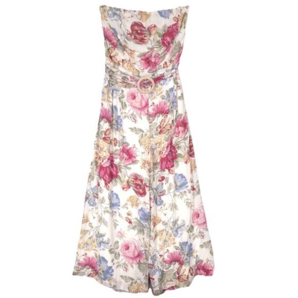NWT WAYF Anthropologie Floral Tube Belted Jumpsuit LARGE Strapless Wide Leg - Picture 2 of 14